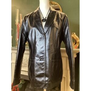 Vintage GAP Womens Black Genuine Leather Blazer Jacket 2-Button Coat Large 7/00